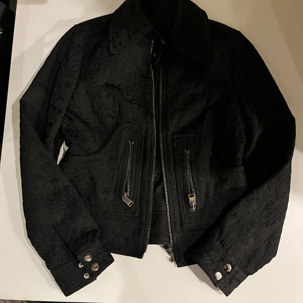 Carlisle Black Brocade Moto Zip Front Jacket Size 4 / UK 6 - Picture 2 of 8